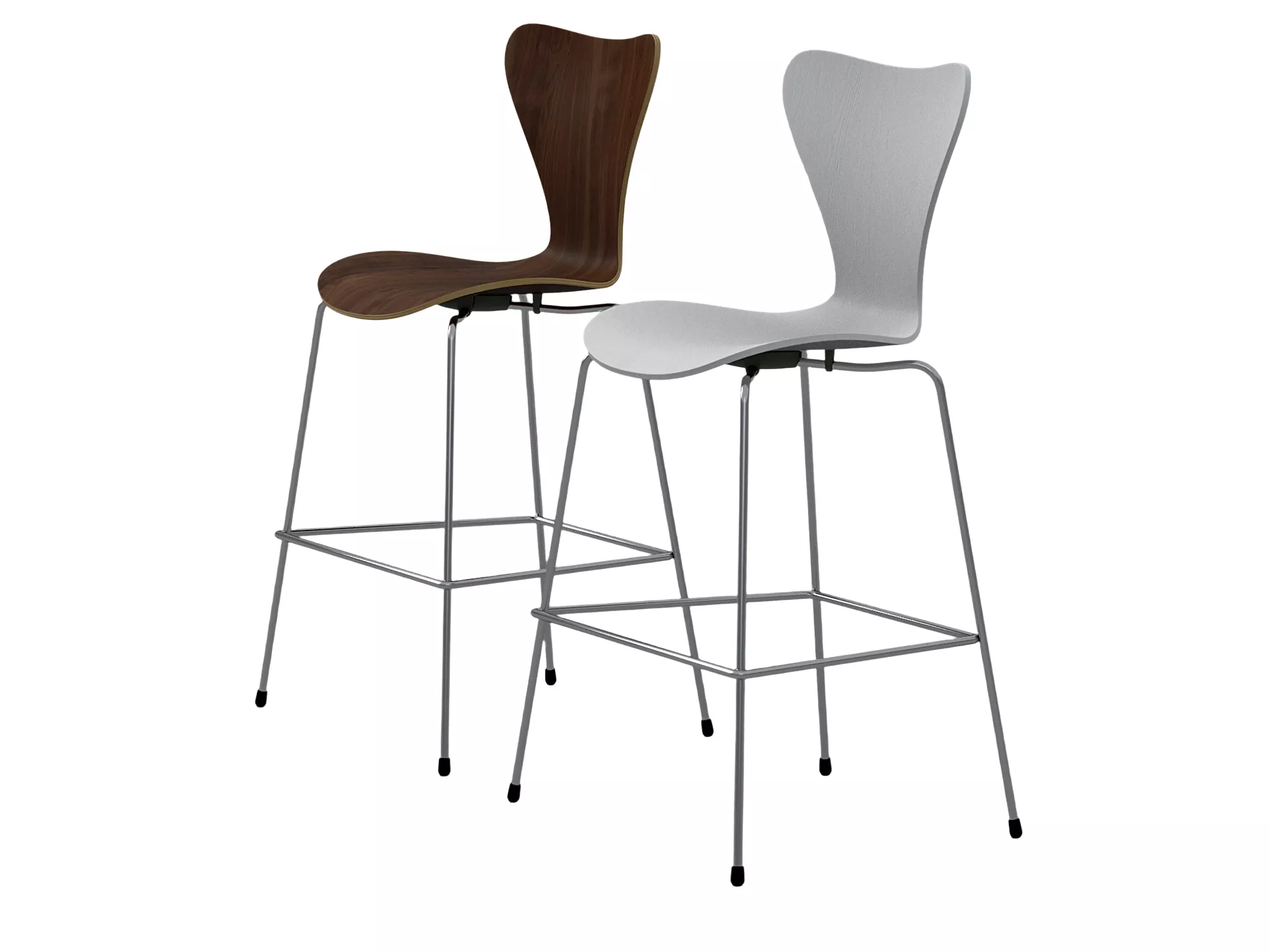 Two Modern Bar Stools Dark Wood And Light Gray Chrome Legs 3D model