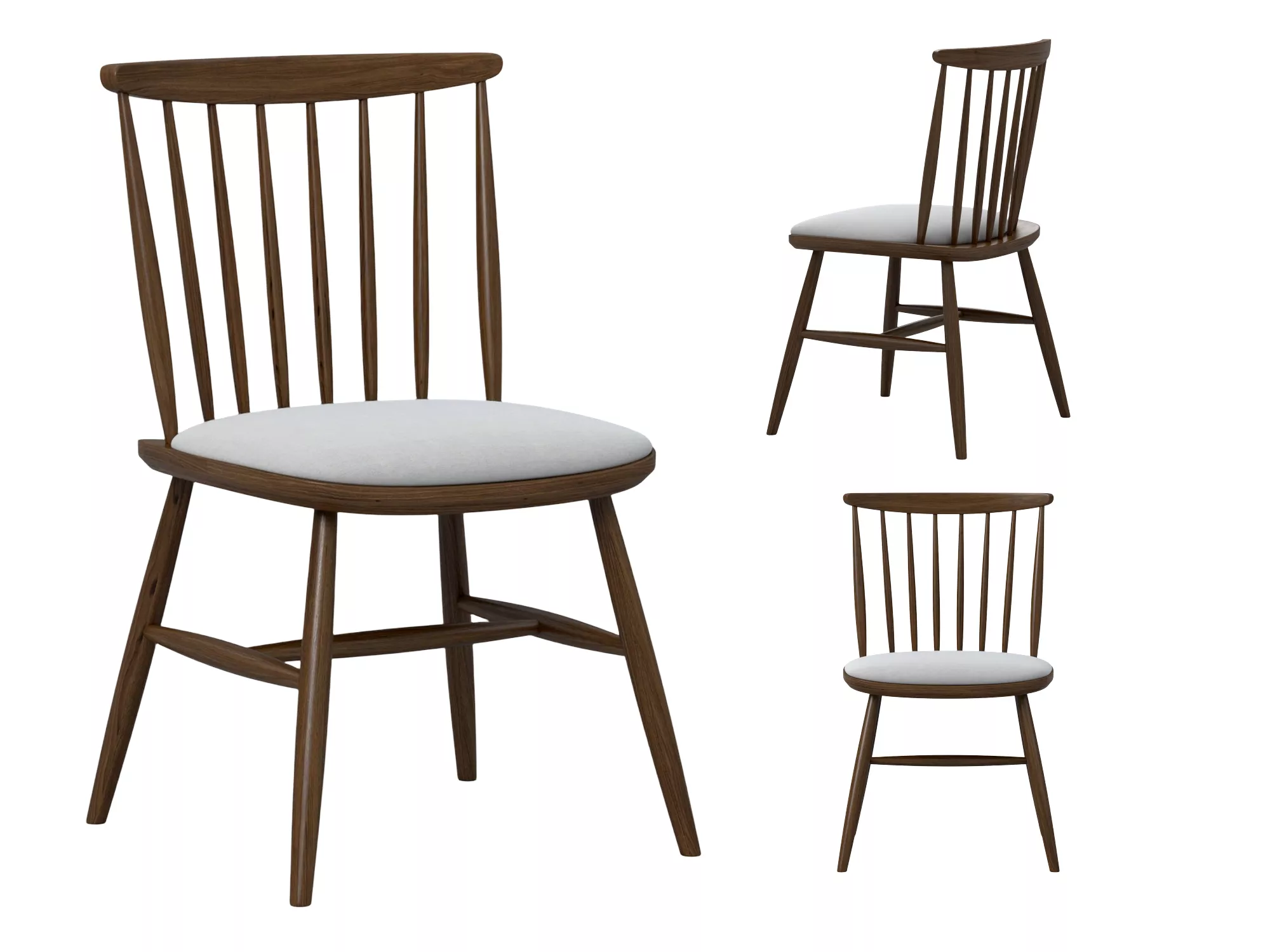 Walnut Wood Spindle Back Dining Chair With Light Gray Cushion 3D model