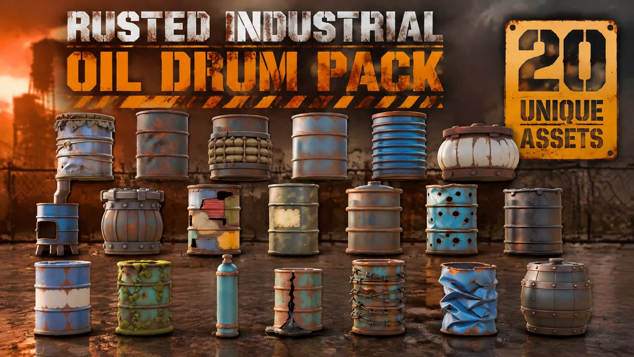 Rusted Industrial Oil Drum Pack Low-poly 3D model