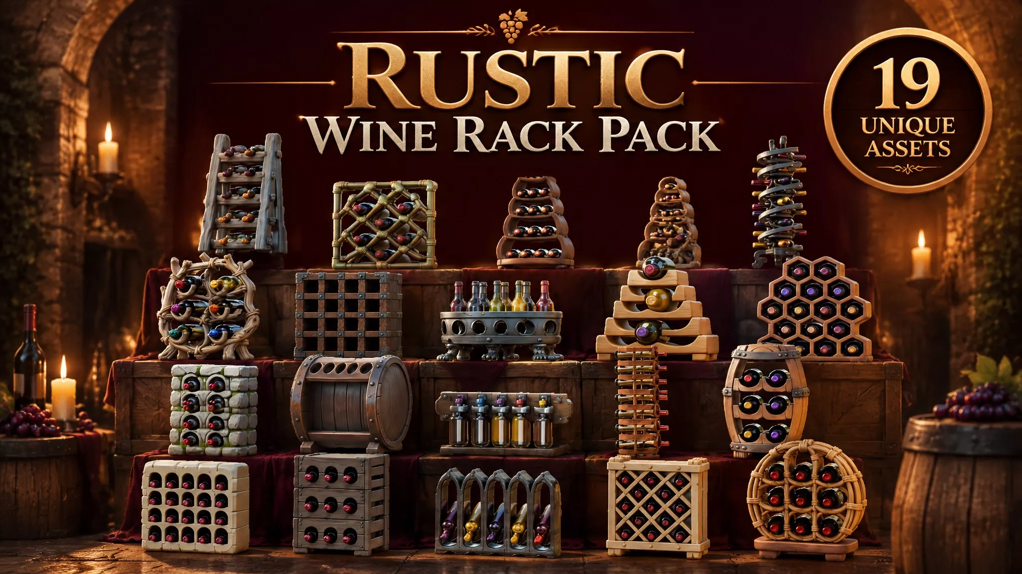 Rustic Wine Rack Pack Low-poly 3D model