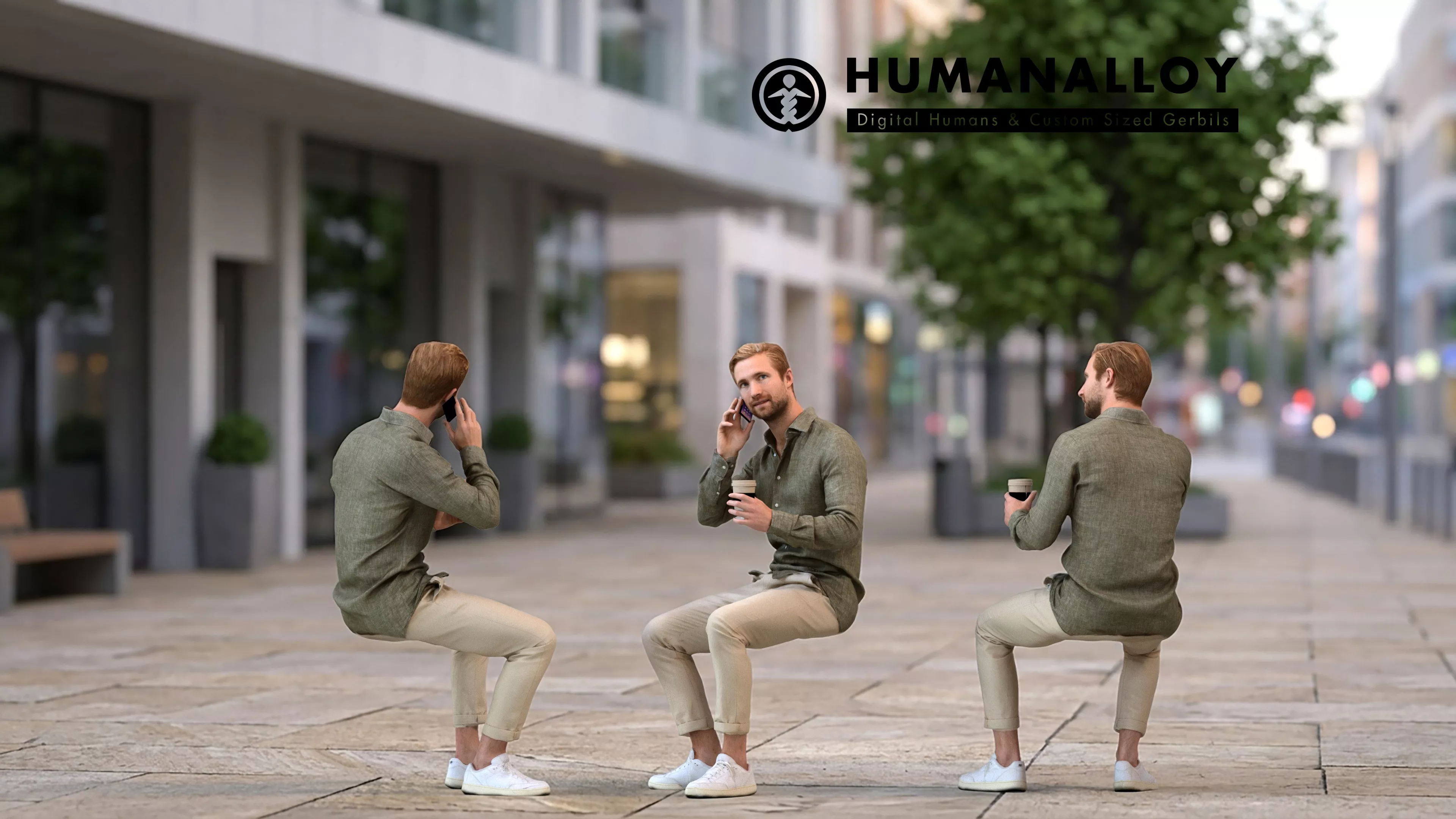 Adult Caucasian man calling while sitting publicly 3D model