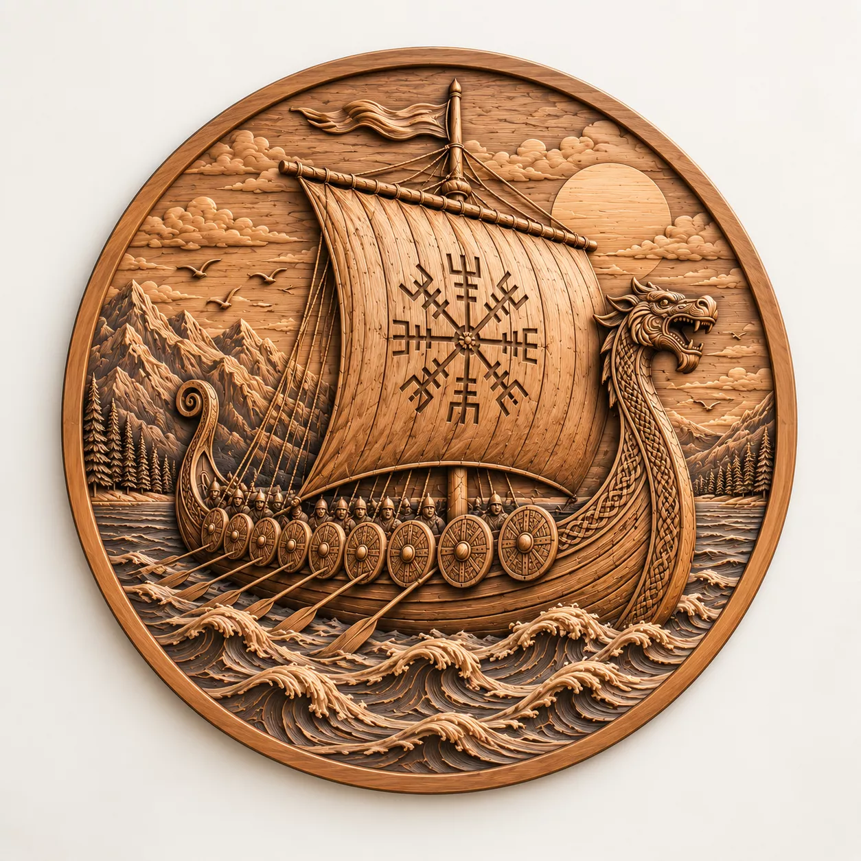 Viking Dragon Ship Wood Carving Relief STL CNC 3D Model 3D print model