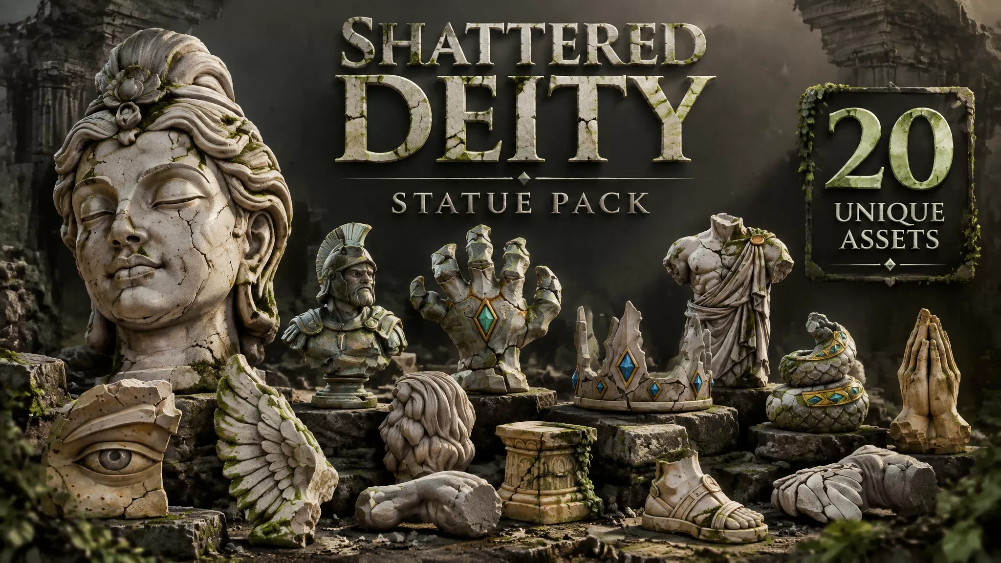Shattered Deity Statue Pack Low-poly 3D model