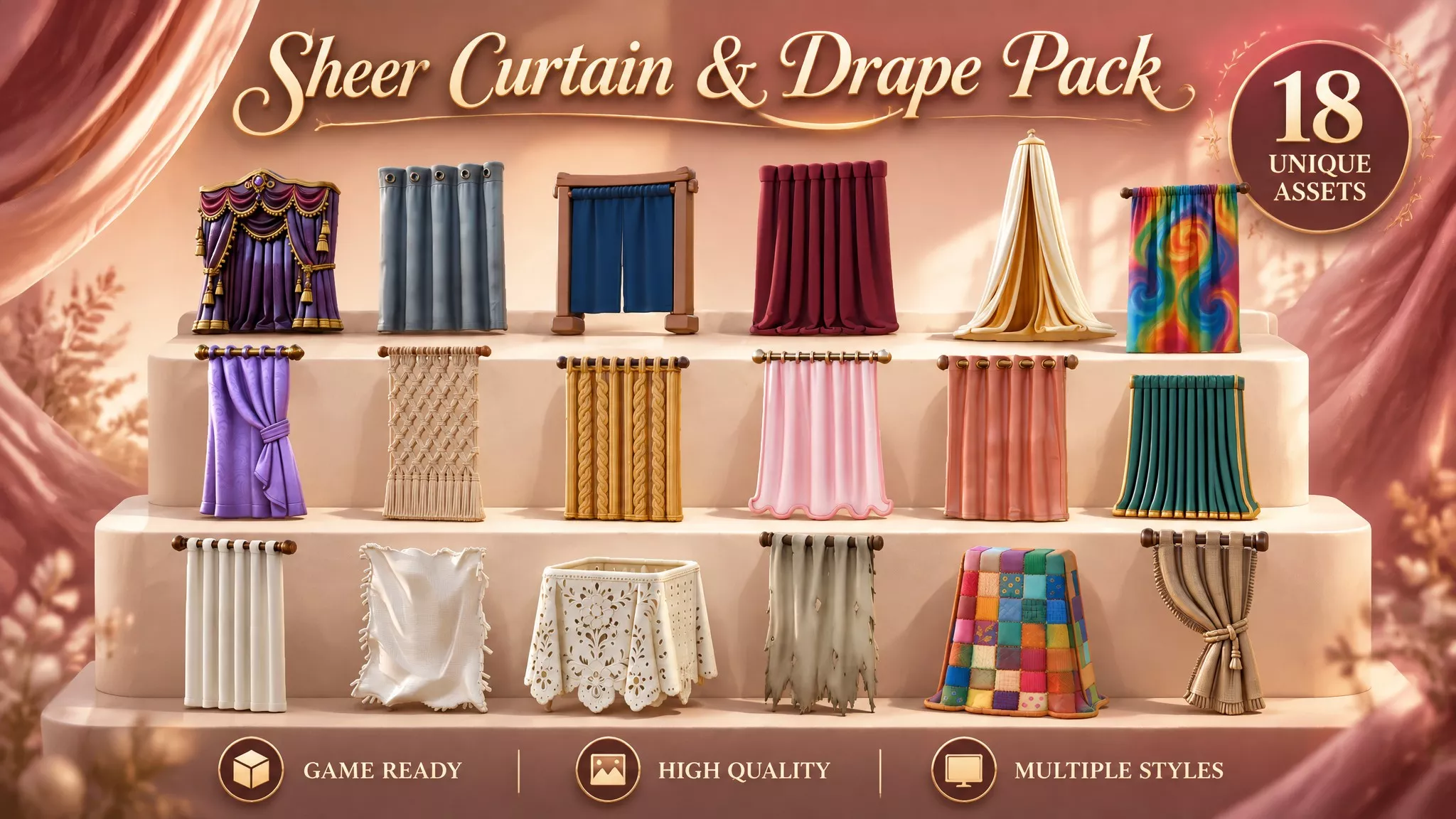 Sheer Curtain and Drape Pack Low-poly 3D model