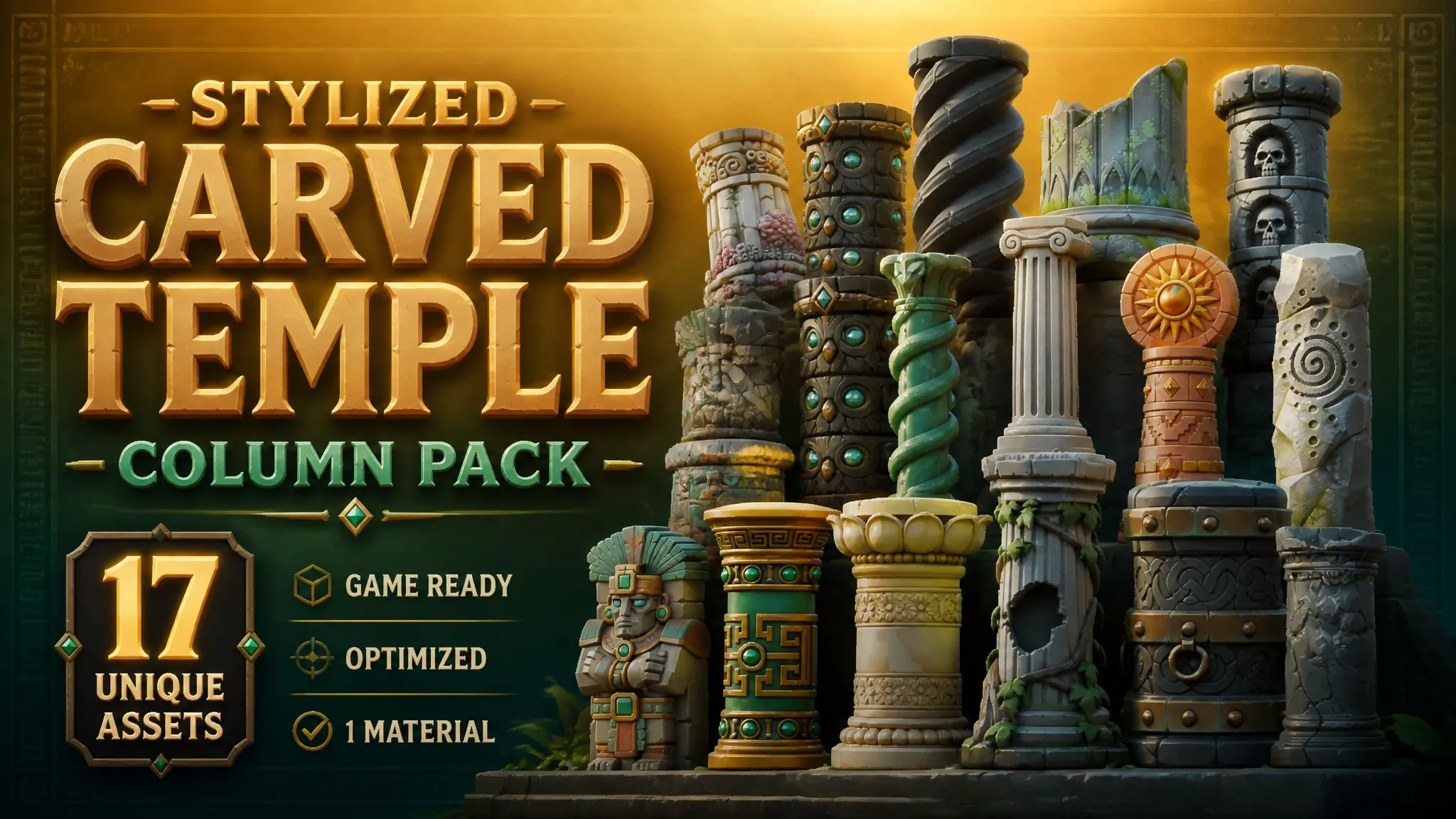 Stylized Carved Temple Column Pack Low-poly 3D model