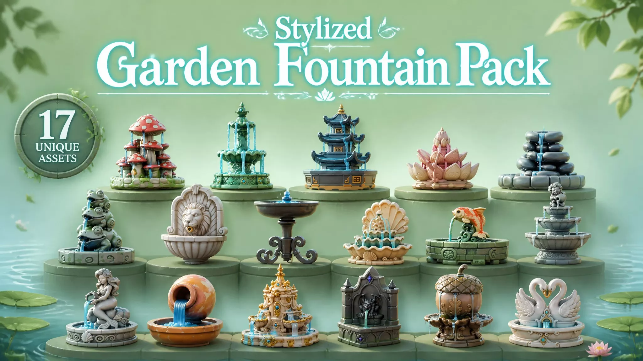 Stylized Garden Fountain Pack Low-poly 3D model