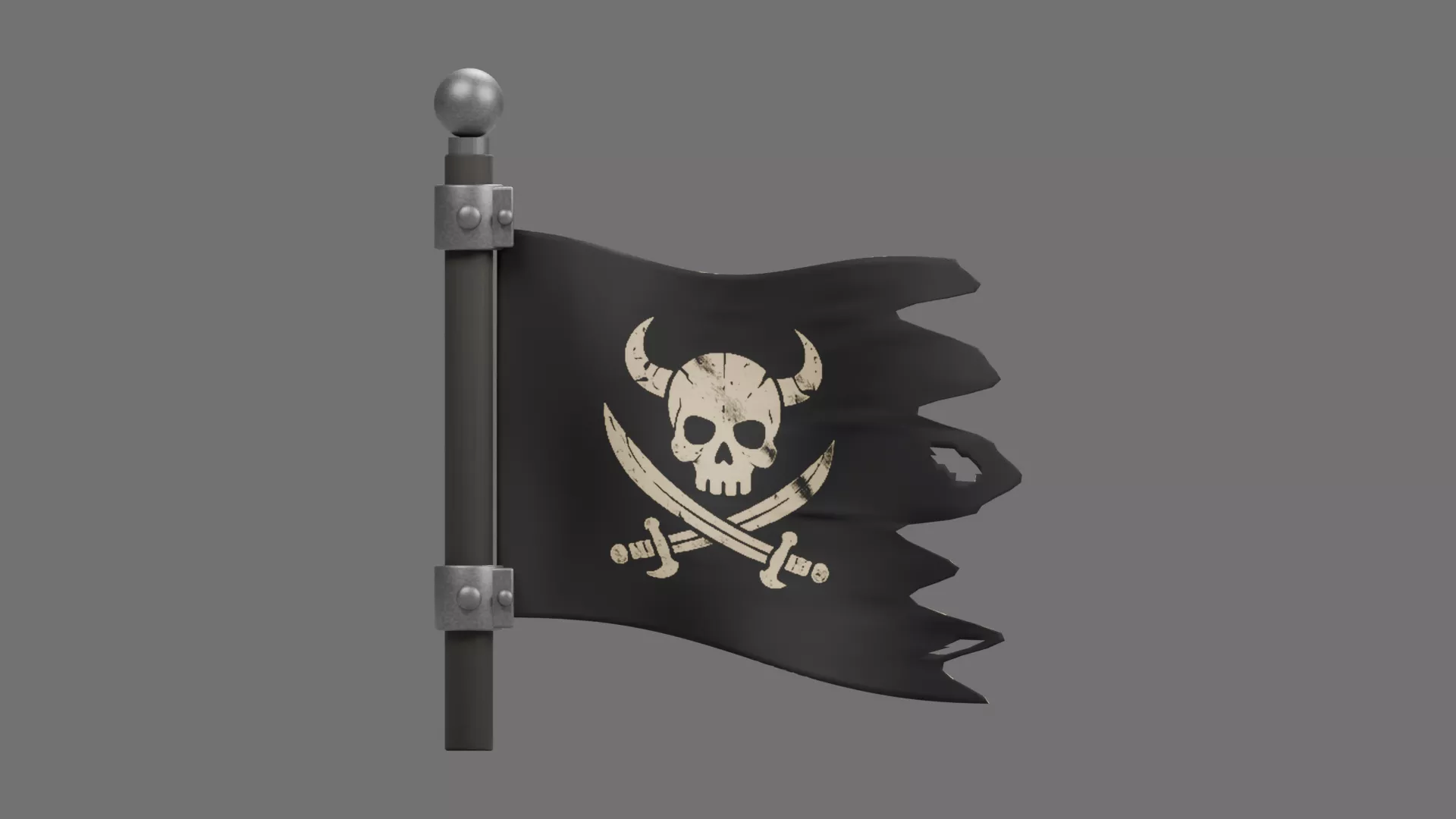 Tattered Black Pirate Flag with Horned Skull Low-poly 3D model