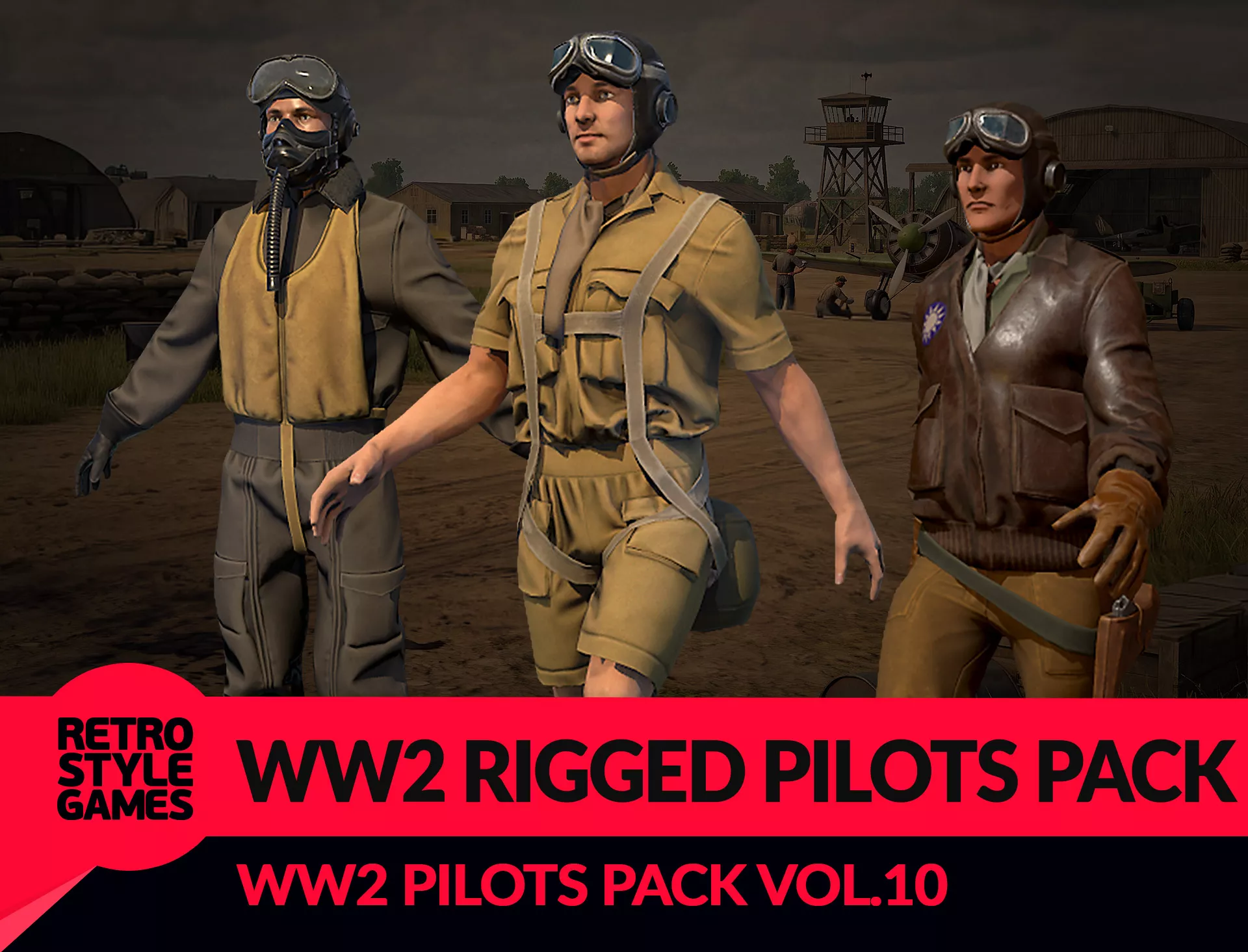 WW2 Pilots Collection - 8 Rigged Characters 3D Model Pack Low-poly 3D model