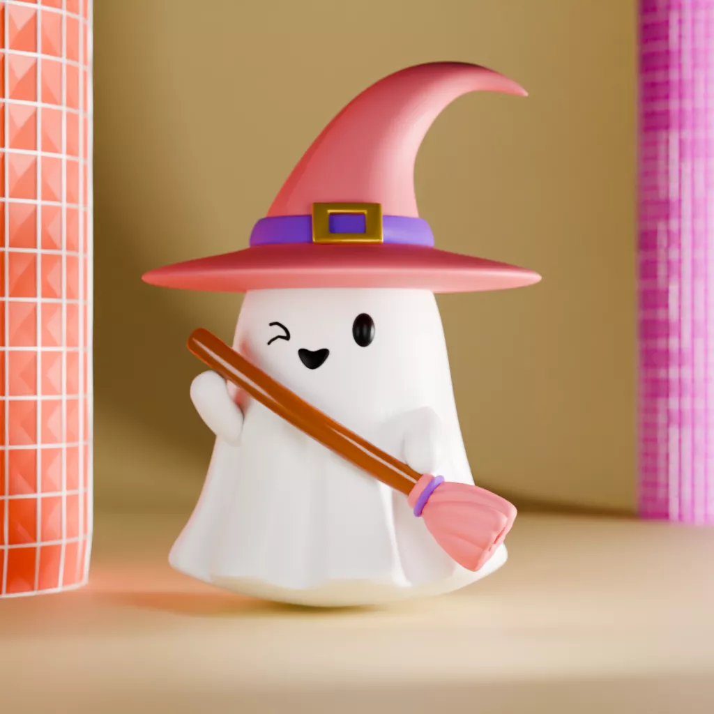 Cute Ghost Holding Broom with Witch Hat 3D print model