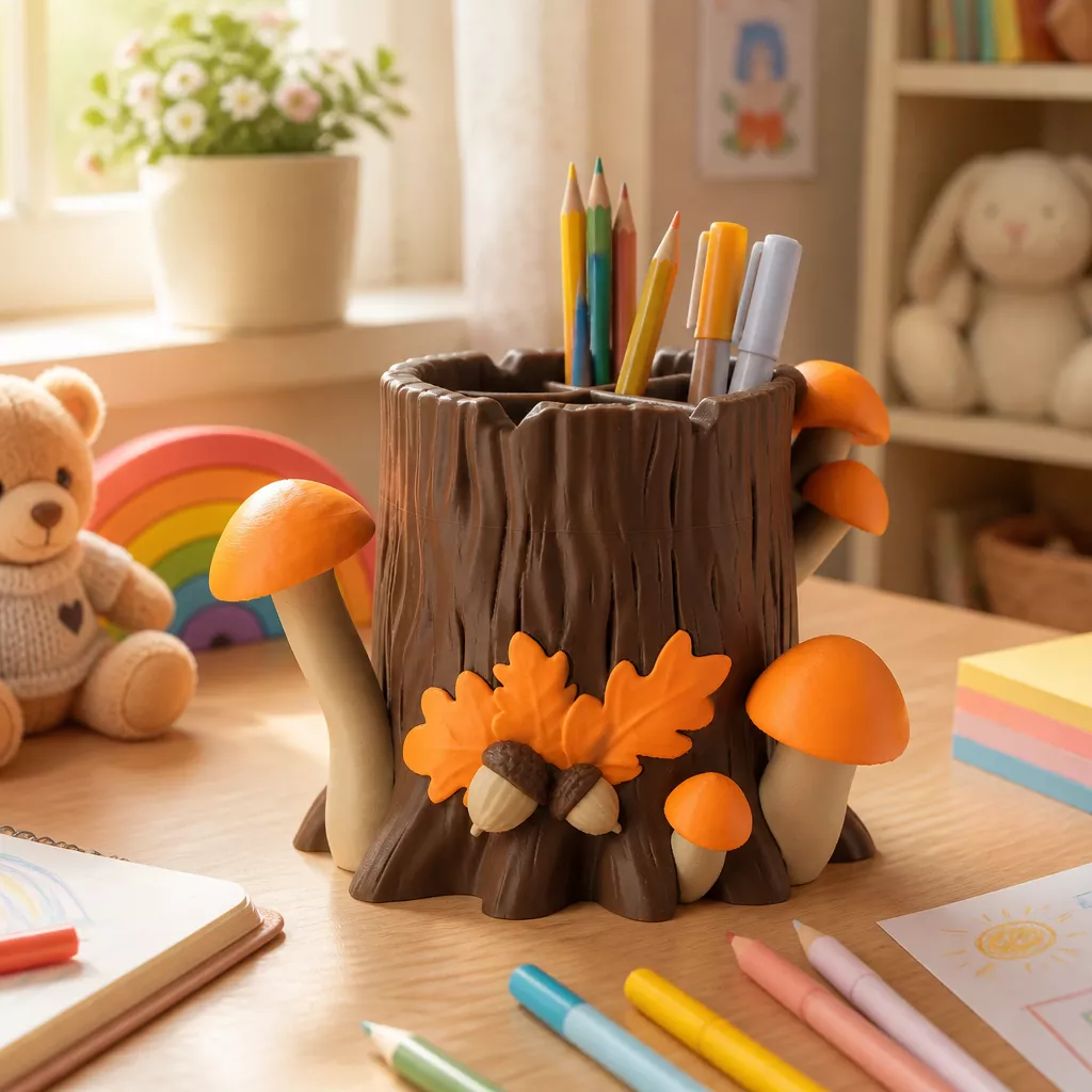 Woodland Stump Desk Organizer - Mushroom Pen Holder 3D print model