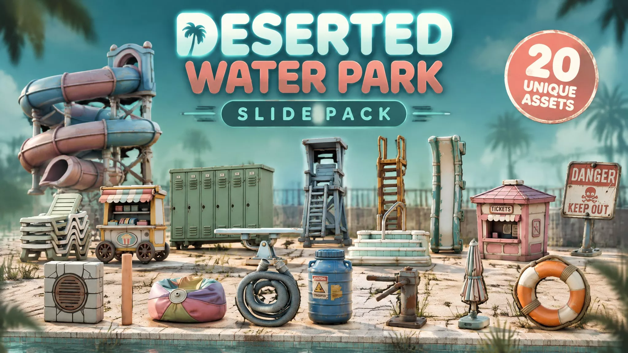 Deserted Water Park Slide Pack Low-poly 3D model