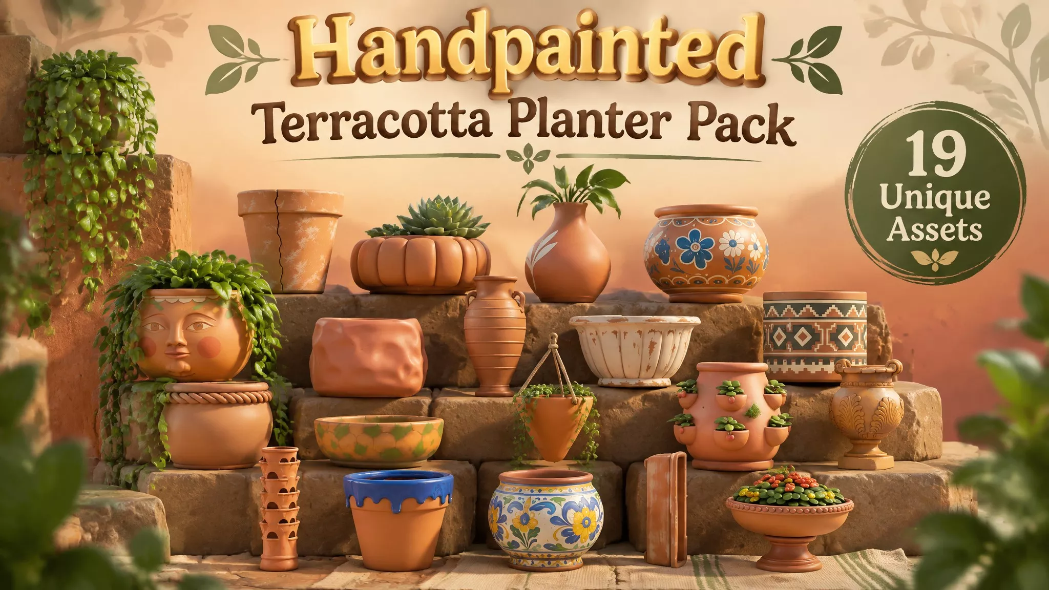 Handpainted Terracotta Planter Pack Low-poly 3D model