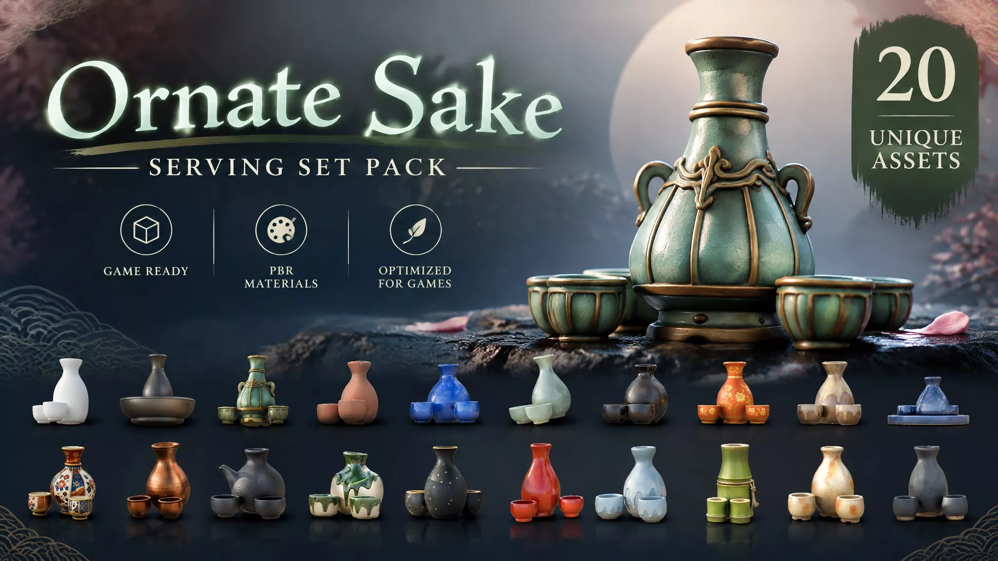 Ornate Sake Serving Set Pack Low-poly 3D model