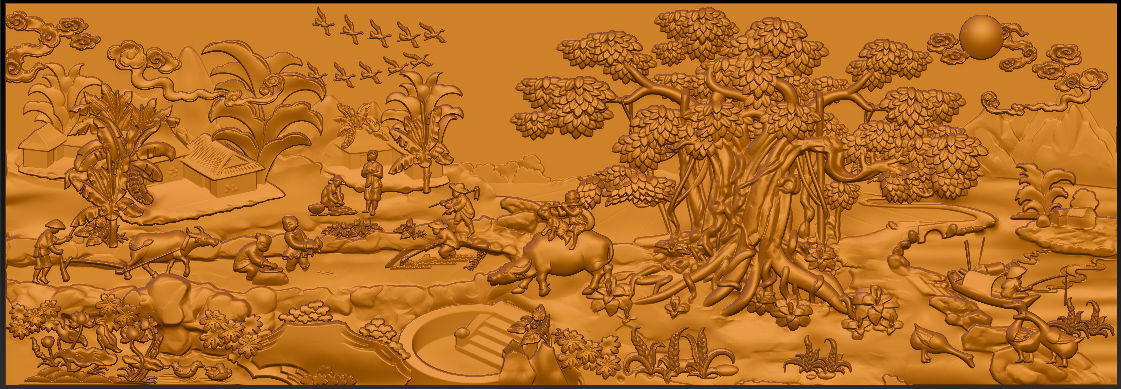 Mural landscape wood carving file stl OBJ and ZTL for CNC 3D print model_5
