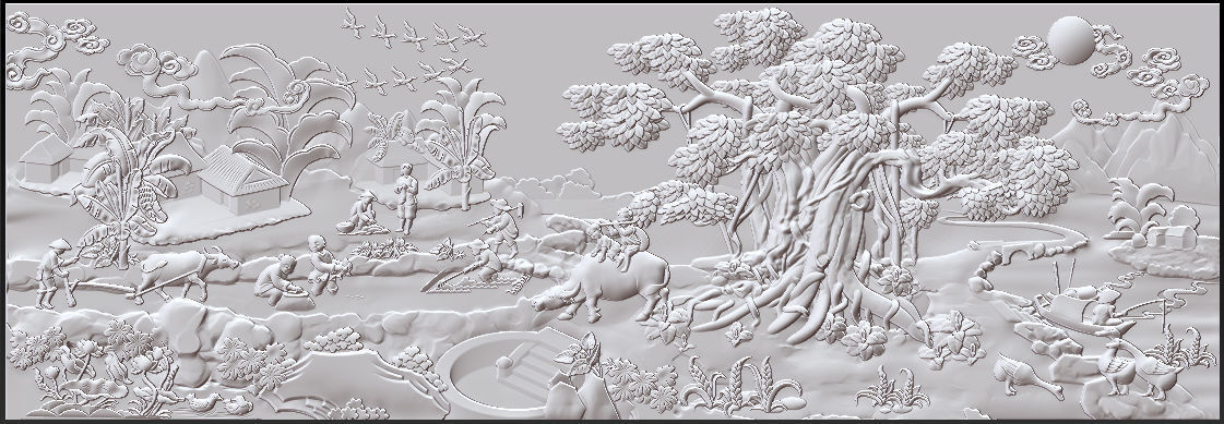 Mural landscape wood carving file stl OBJ and ZTL for CNC 3D print model_12