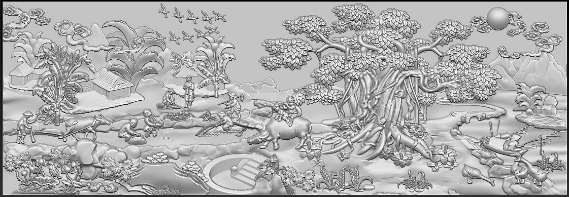 Mural landscape wood carving file stl OBJ and ZTL for CNC 3D print model_10