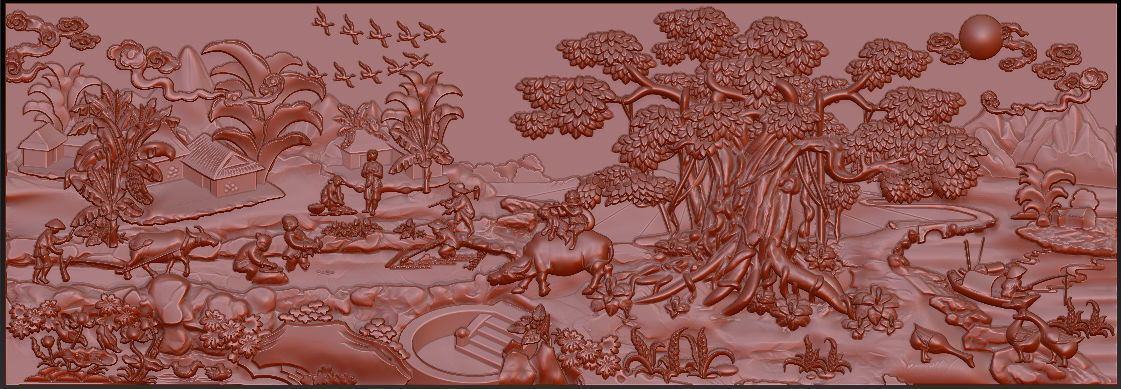 Mural landscape wood carving file stl OBJ and ZTL for CNC 3D print model_15