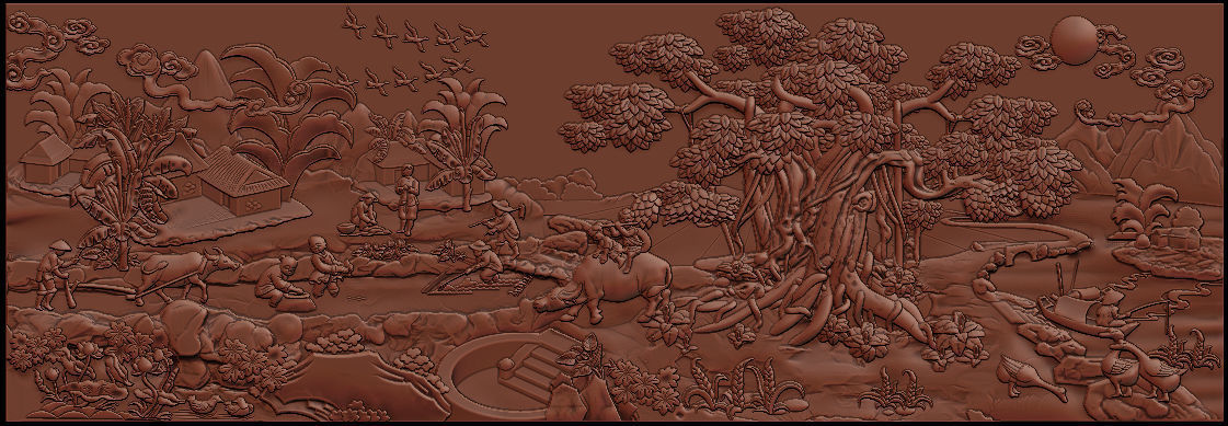 Mural landscape wood carving file stl OBJ and ZTL for CNC 3D print model_3
