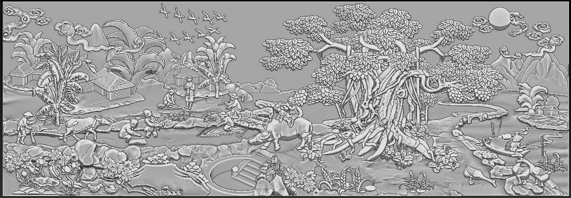 Mural landscape wood carving file stl OBJ and ZTL for CNC 3D print model_8