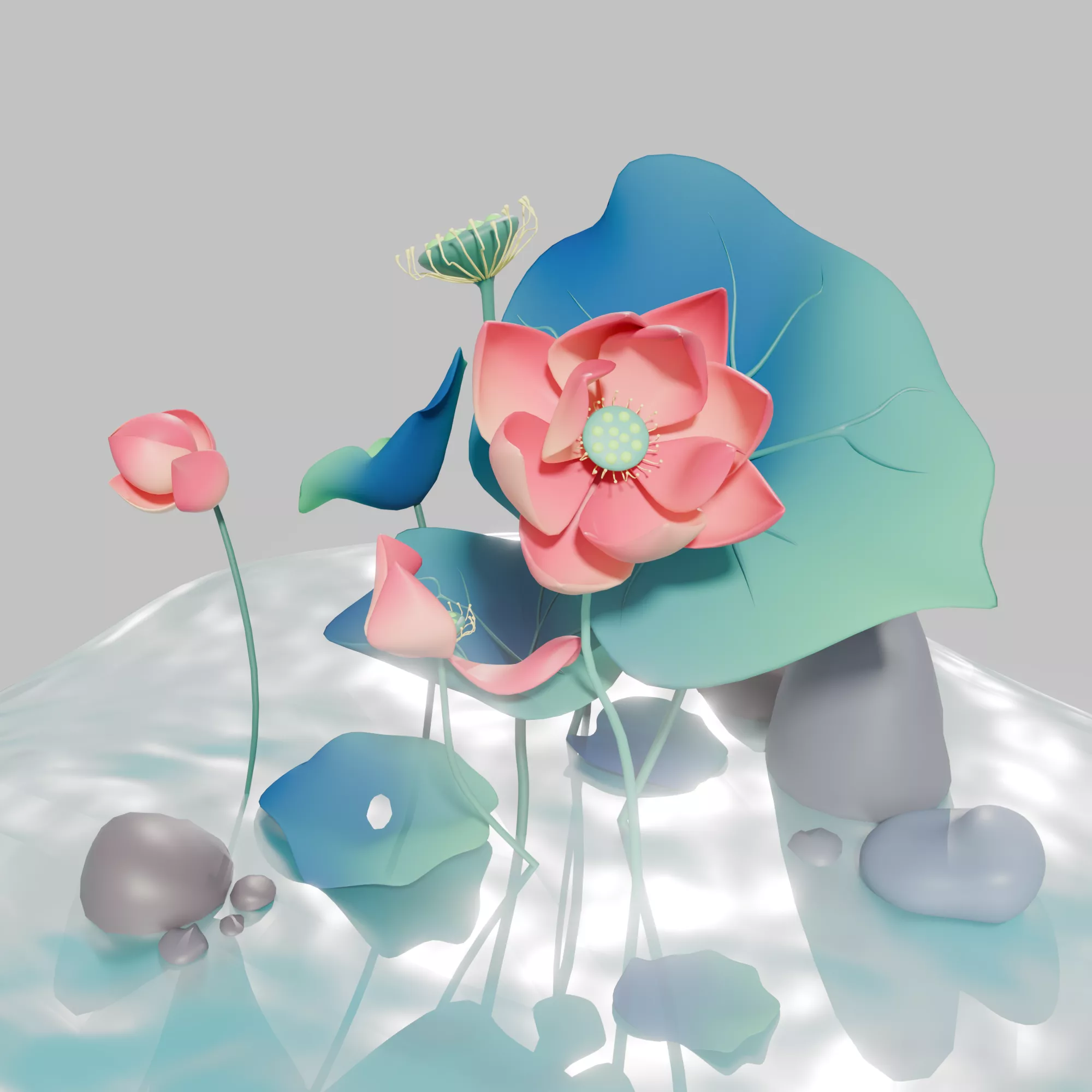 Clay Lotus Flower Diorama Low-poly 3D model