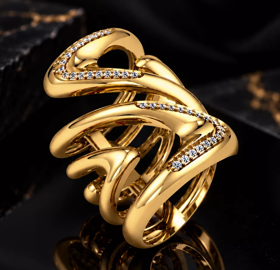 Luxurious abstract wavy ring with pave diamond lines 3D print model