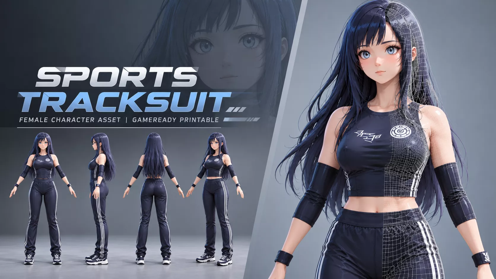 Navy Sports Tracksuit Female Character Low-poly 3D model