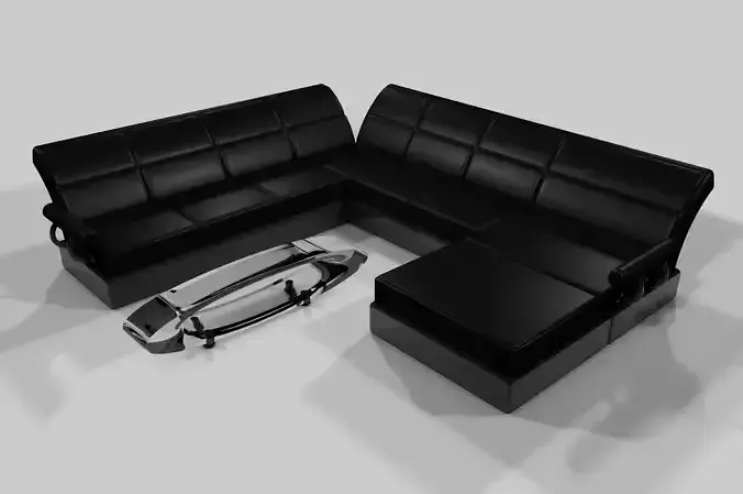 Black Leather Couch and Glass Table