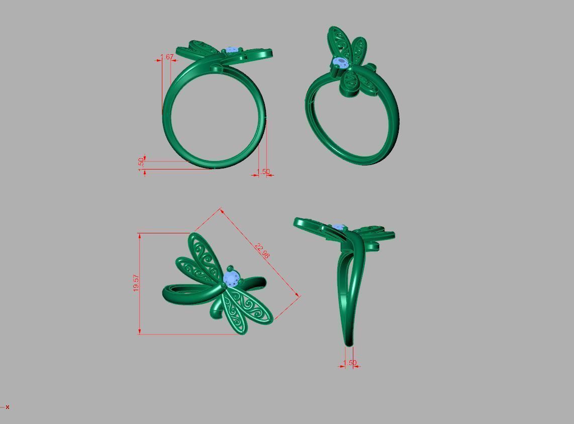 kengkod11 sterling silver dragonfly ring with diamond 3D print model_4