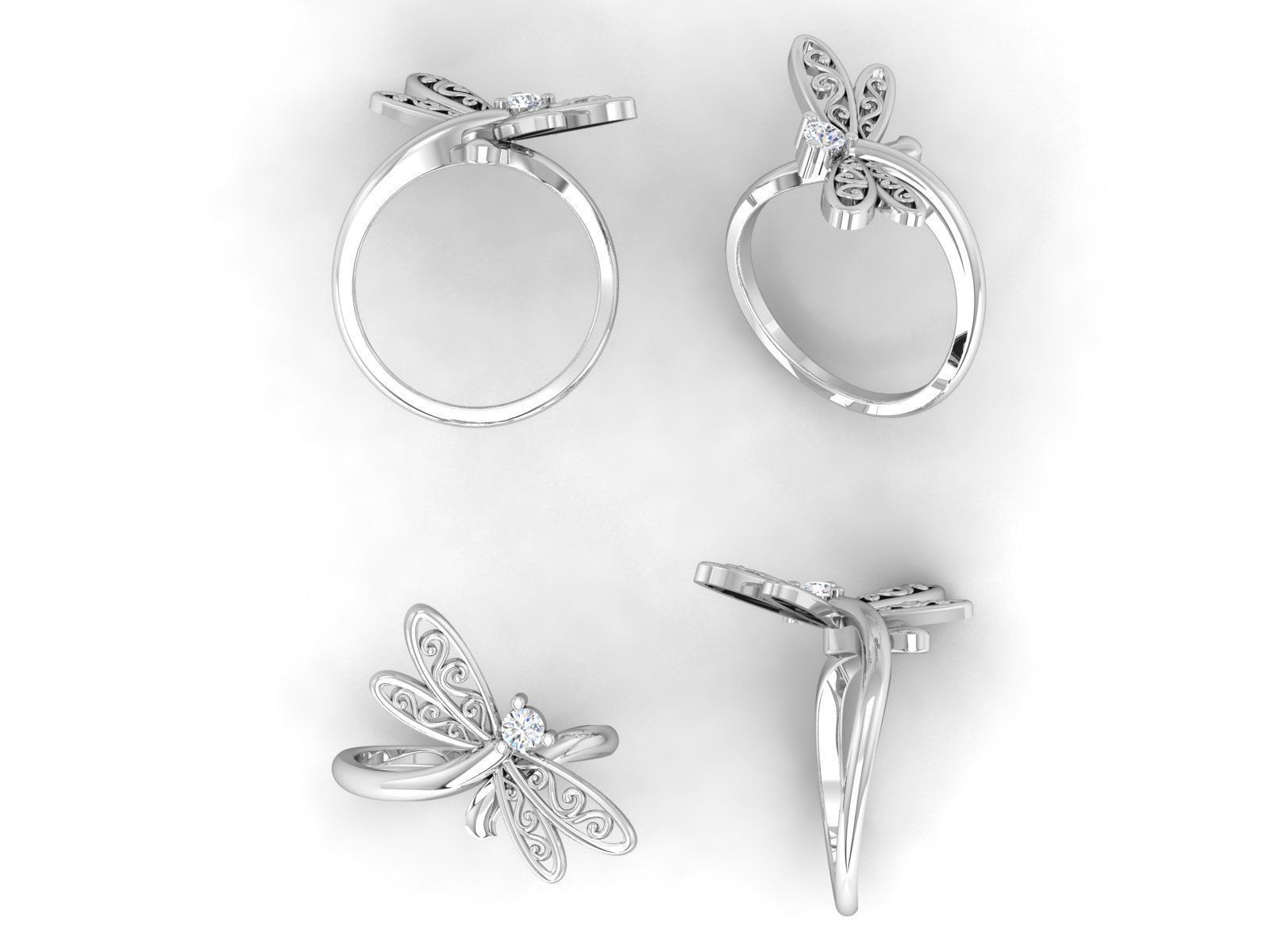 kengkod11 sterling silver dragonfly ring with diamond 3D print model_2