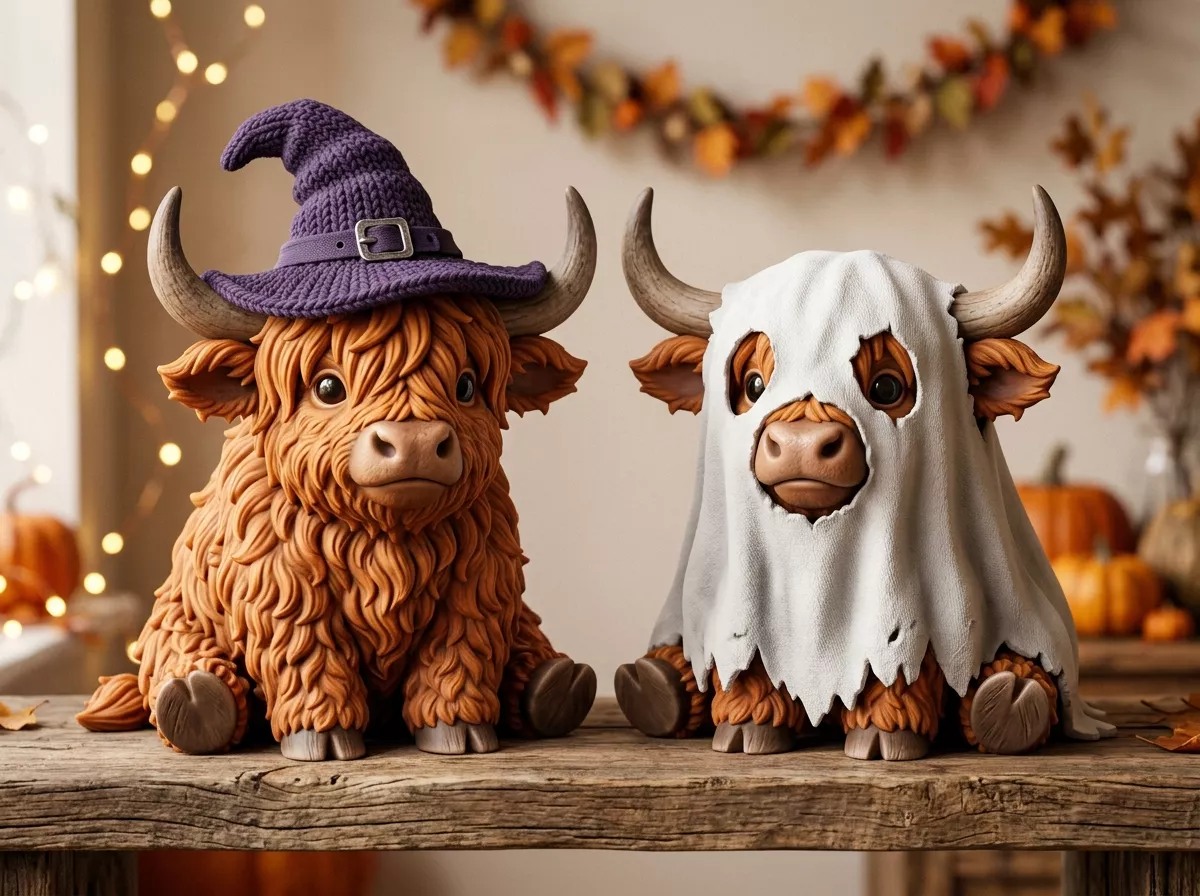 Halloween Cute Highland Cow Ghost Witch Duo Pack 3D print model