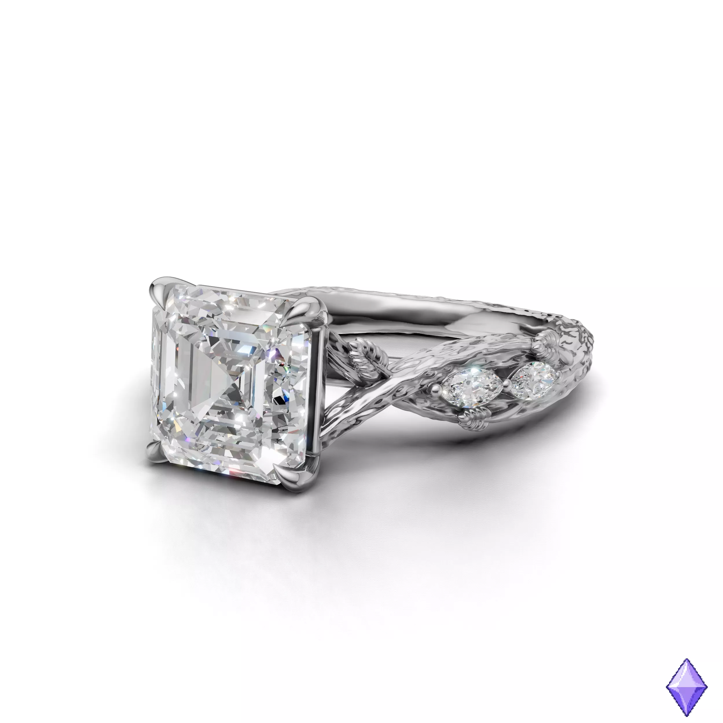 Asscher Cut Tree Bark Engagement Ring 3D CAD Model 3D print model