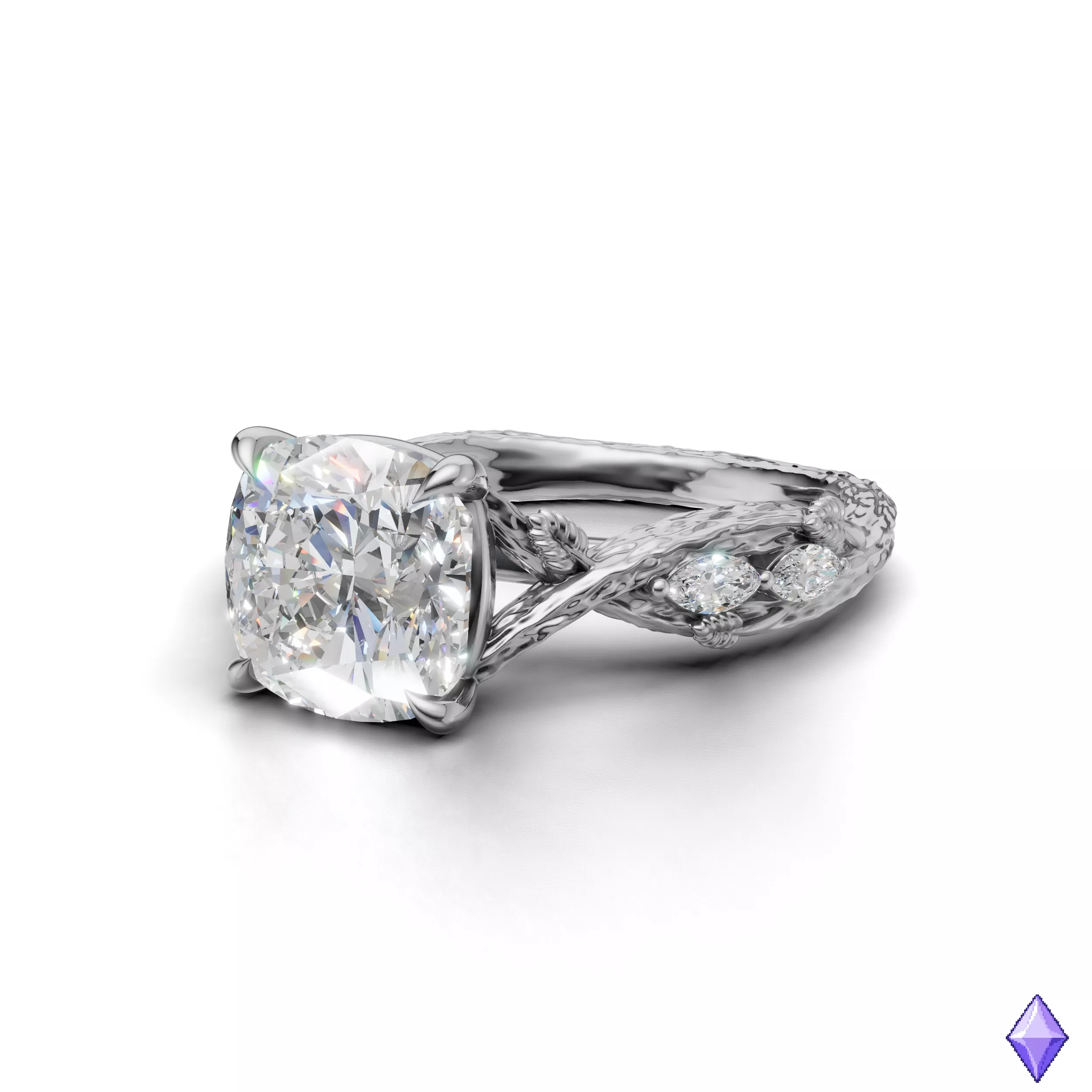 Cushion Cut Tree Bark Engagement Ring 3D CAD Model 3D print model