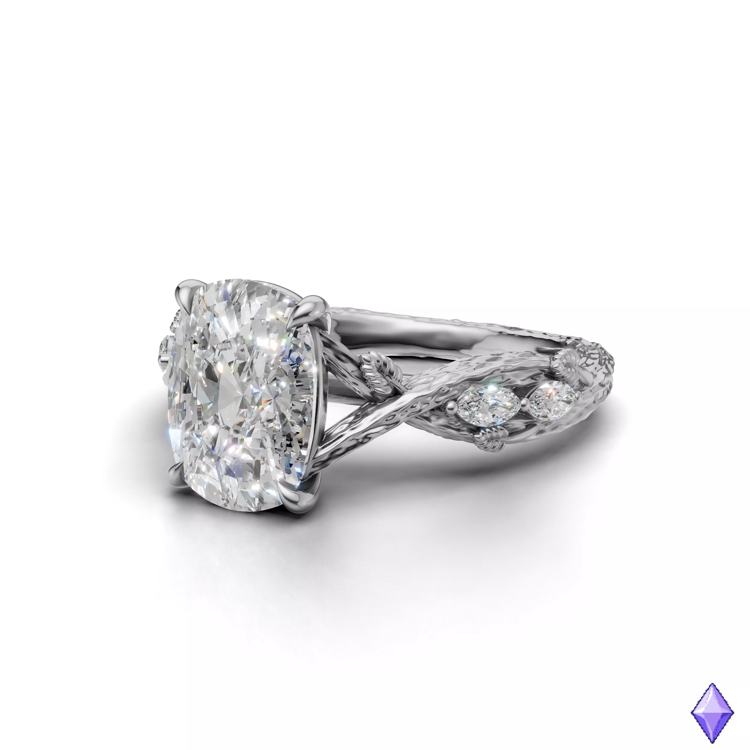 Elongated Cushion Cut Tree Bark Engagement Ring 3D CAD Model 3D print model