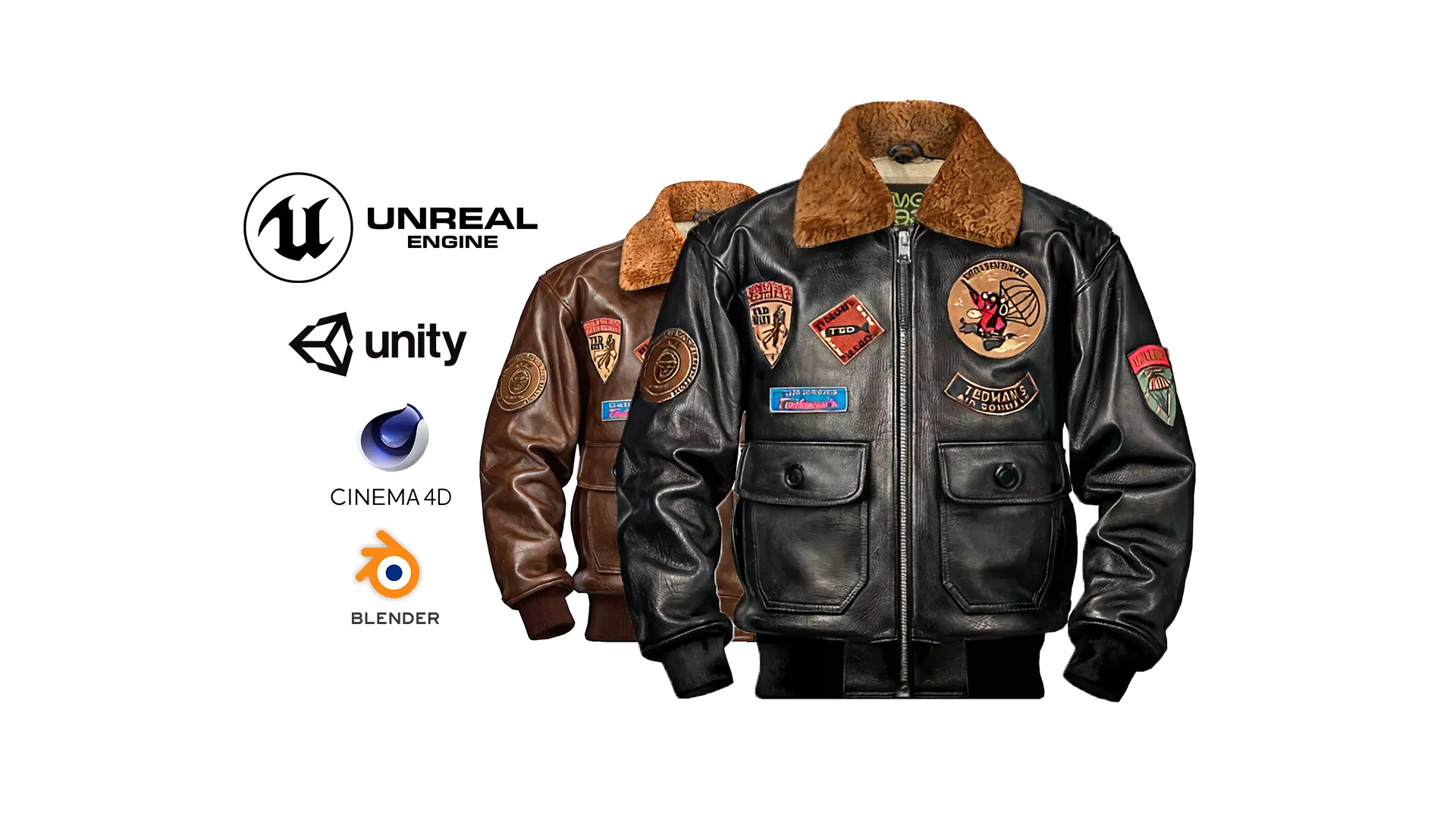 Black and brown Leather bomber jacket game ready PBR Low-poly 3D model