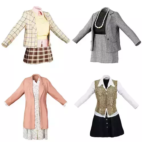 4 Classic Vintage 90s Outfits Women Fashion  Low-poly 3D model