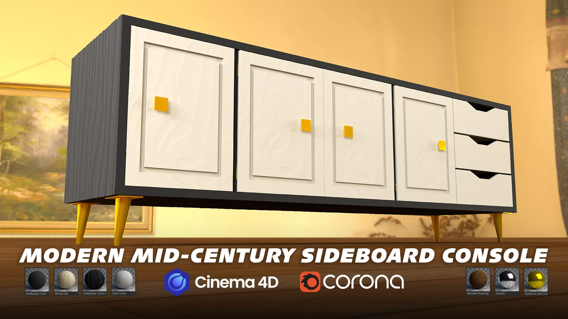 Modern Mid-Century Sideboard Console - PBR Textured 3D model