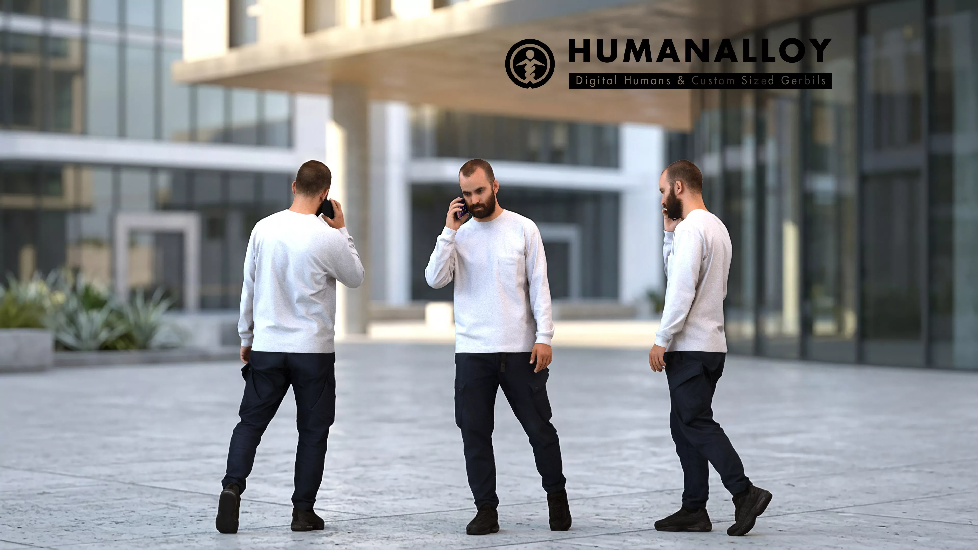 Adult Middle Eastern man walking while calling on smartphone in 3D model