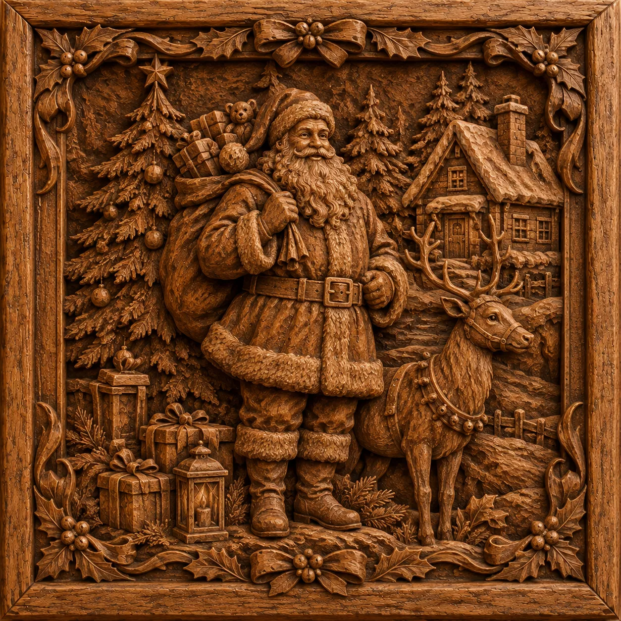 Santa Claus Reindeer Christmas Wood Carved Bas Relief Wall Panel 3D print model