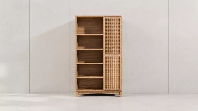 Modern Oak Rattan Bookcase 3D Model