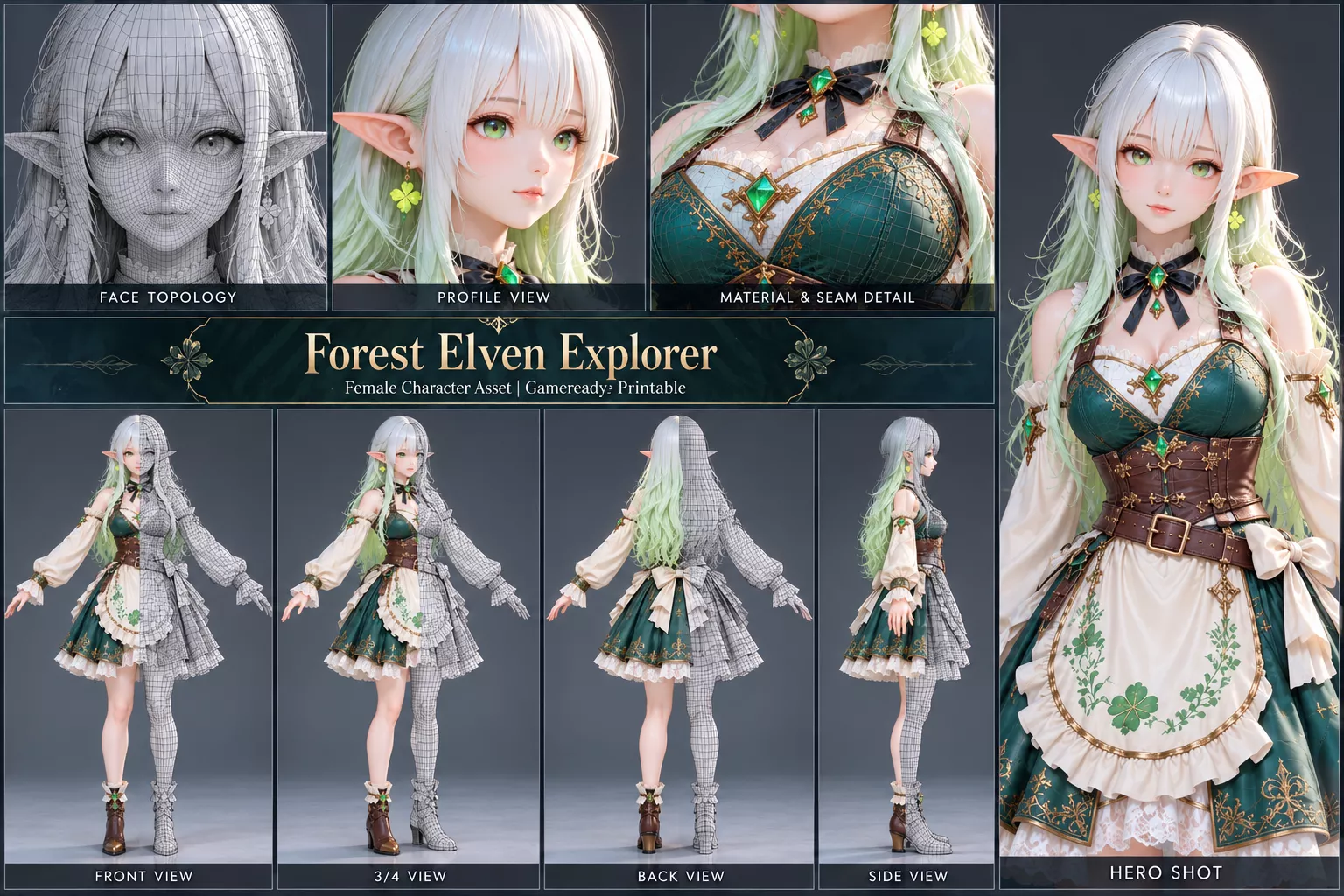 Forest Elven Explorer Fantasy Female Character Low-poly 3D model