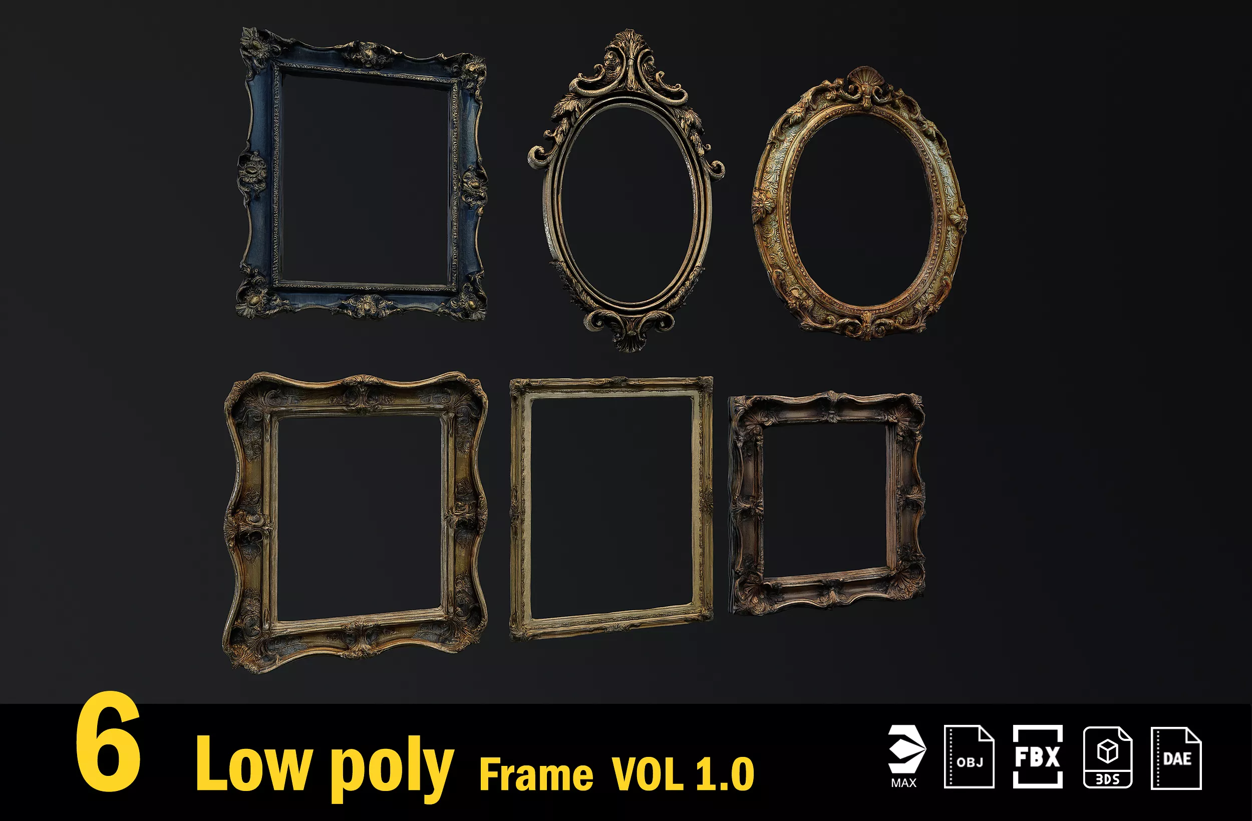 6 Victorian Antique Picture Frames Vol01 Low-poly 3D model