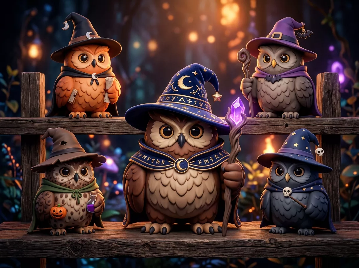 Halloween Cute Wizard Owl Chibi Magic Figurine 5 Model Pack 3D print model