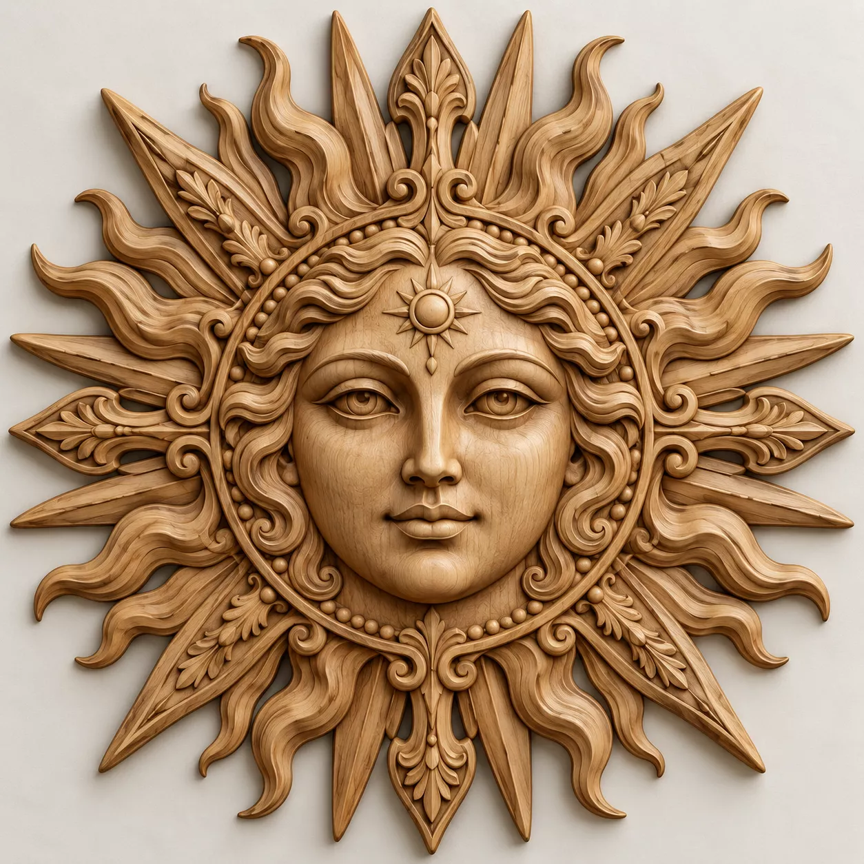 Celestial Sun Goddess Face Wood Carving Relief CNC STL 3D print model