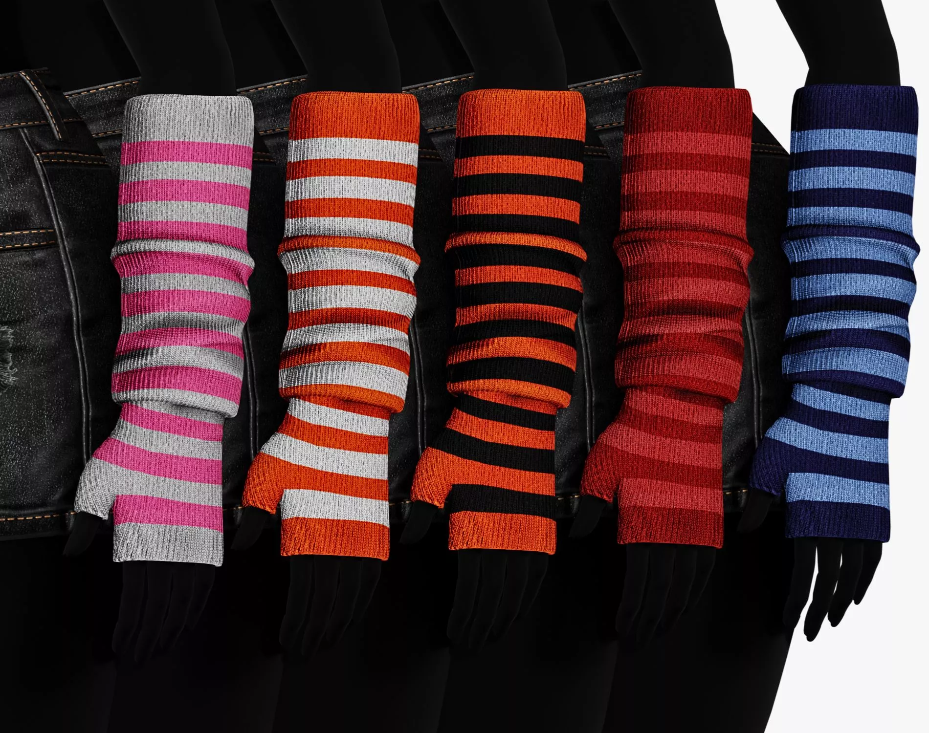 Y2K Long Striped Fingerless Gloves Arm Warmers Low-poly 3D model