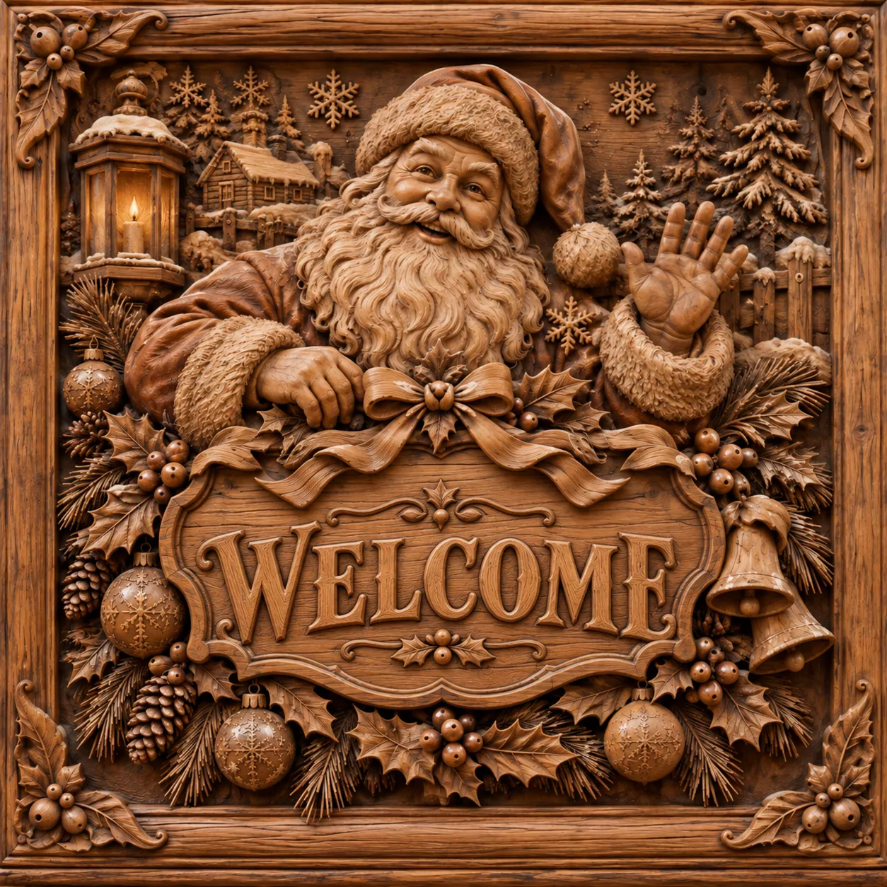Santa Claus Welcome Sign Wood Carved Relief Wall Panel 3D Models 3D print model