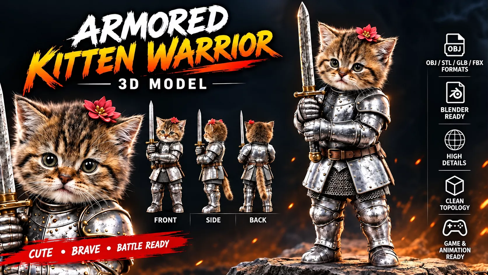 Armored Kitten Warrior 3D Model 3D print model