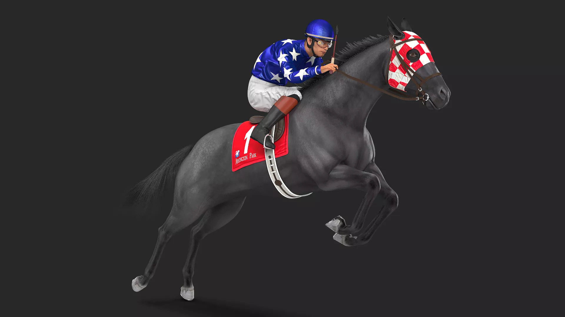 Jumping Black Racing Horse with Jokey Fur 3D model