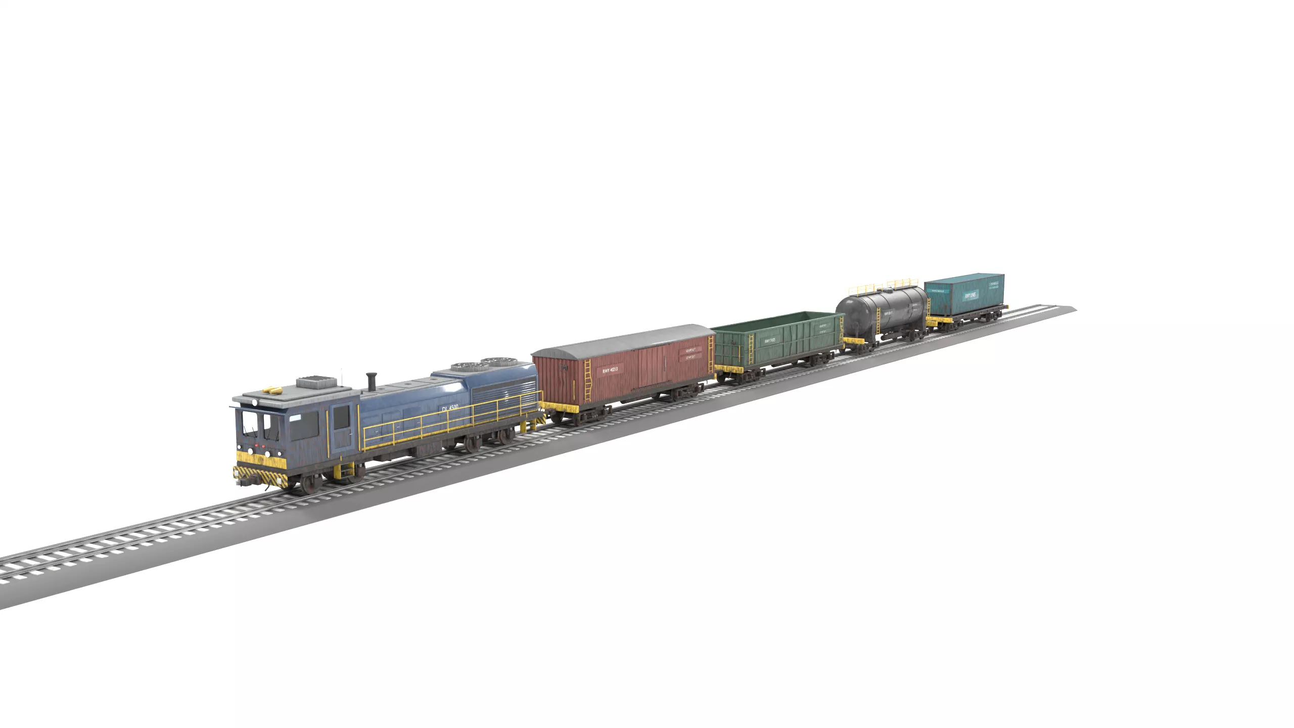 Freight Train Locomotive and Four Wagons Low-poly 3D model