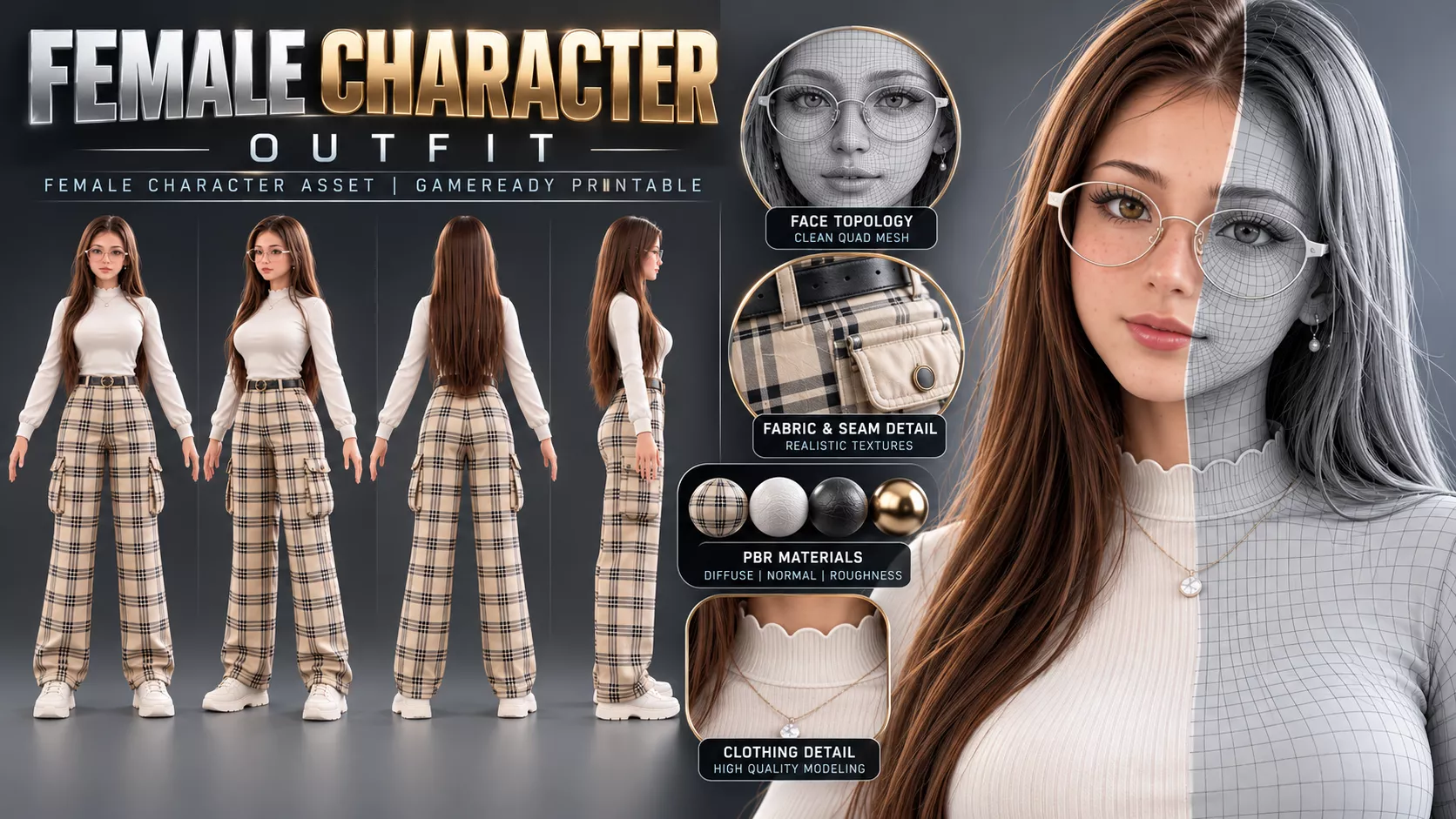 Plaid Female Character Outfit Girl Low-poly 3D model