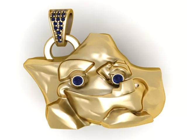 Gold Lion Face Pendant with Blue Gemstone Eyes 3D print model